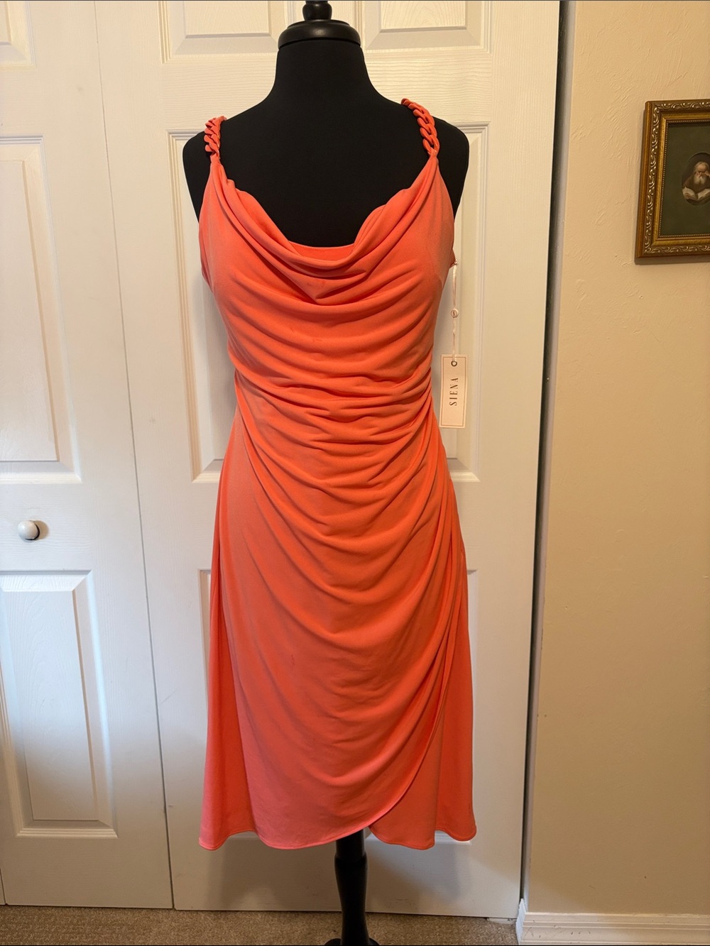 NWT Siena Coral Pink Cowl Neck Ruched Midi Dress | Chain Straps Size 14.